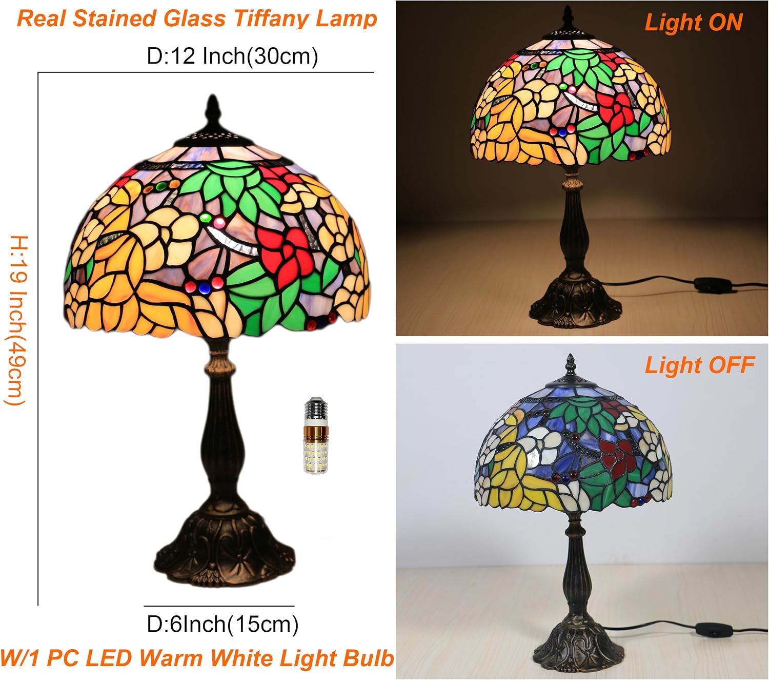 Tiffany Table Lamp for Living Room,Camellia Flower Stained Glass Lamp Shades for Bedside Nightstand Table LampsW/LED Bulb,12X12X19 Inch Tall Home Office Reading Dining Room Desk Lamps