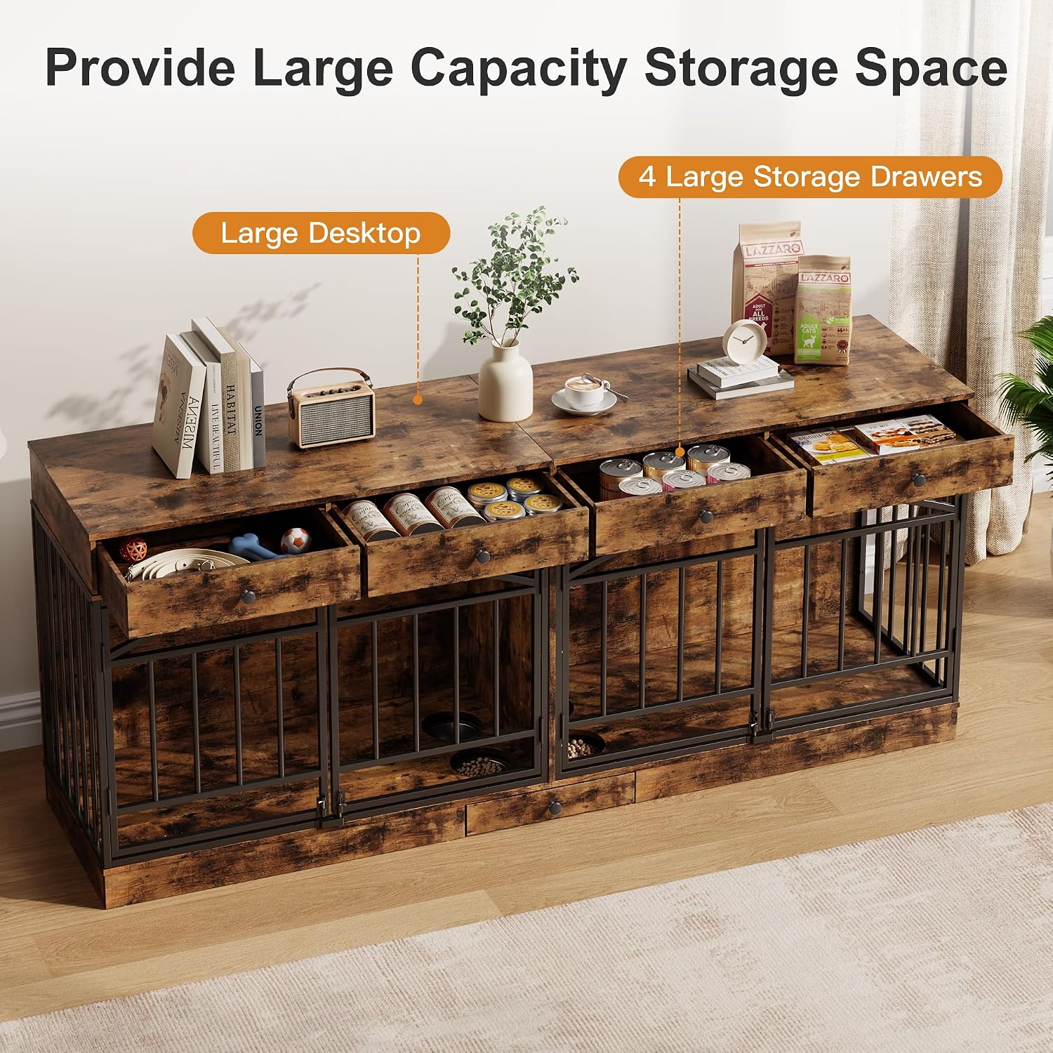 GarveeHome Dog Crate Furniture for 2 Dogs, Dog Kennel Indoor with 4 Storage Drawers and Feeding Bowls, Double Dog Crate TV Stand for Small Medium Dogs, Brown