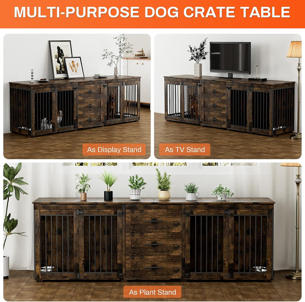 Rophefx 94.5' Dog Crate Furniture for 2 Dogs, Large Dog Kennel Furniture with 3 Storage Drawer, Wooden Dog Cage with 4 Bowls, Indoor Dog House TV Stand with Locks for Large Medium Dog, Rustic Brown