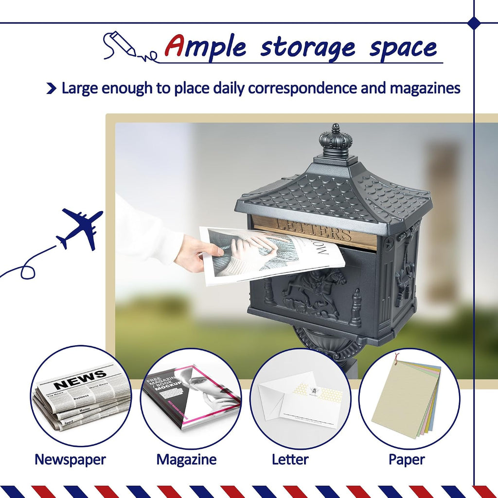 Retro Locking Mailboxes for Outside Aluminum Freestanding Mailbox with Post, Heavy Duty Mail Boxes for House with Post, Black
