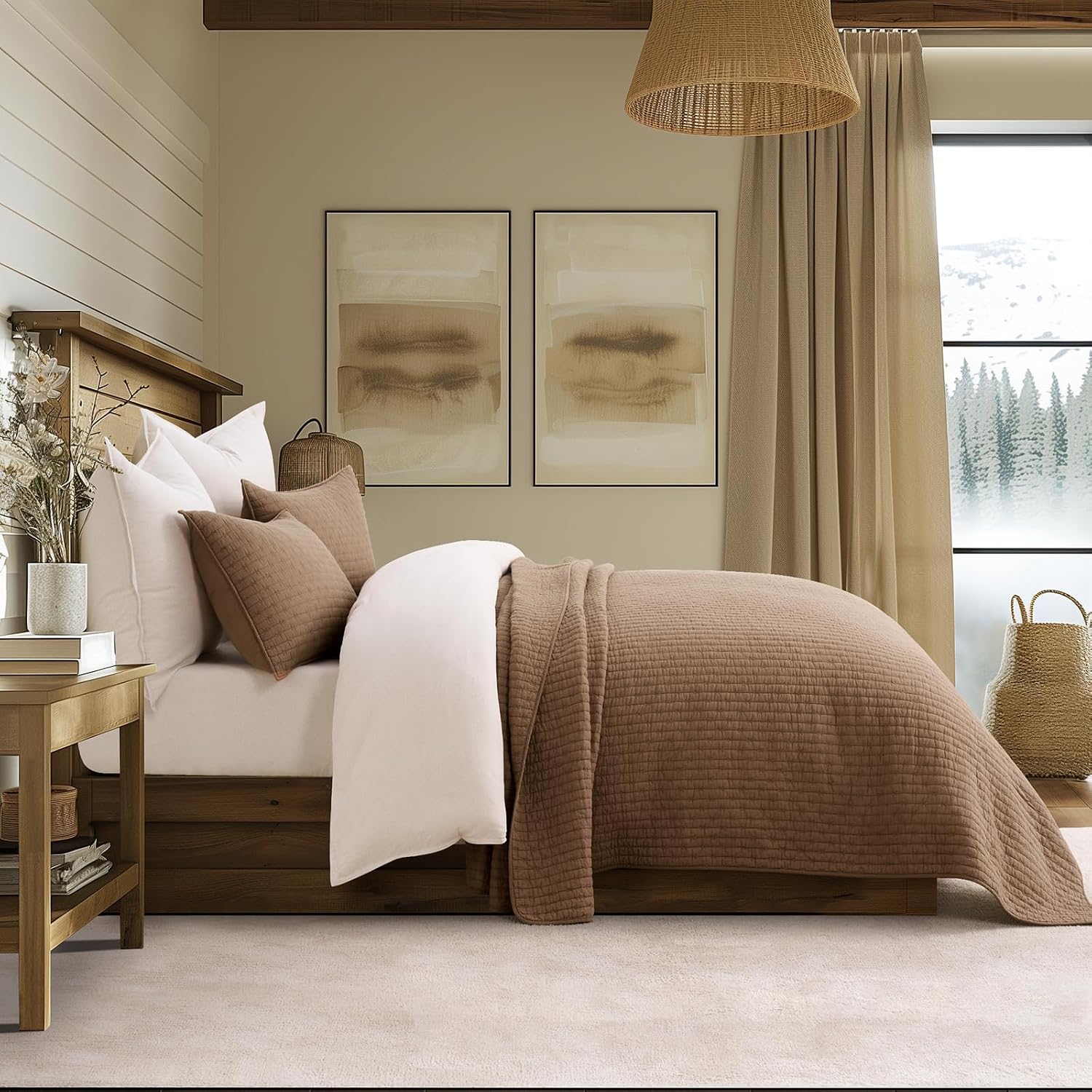 EVERGRACE Cross Stitch Pre-Washed Cotton Quilt Bedding Set Queen Size, Oversized 3 Pieces Lightweight Bedspread Coverlet for All Season, with 2 Matching Shams, Camel Brown, 92'x96'