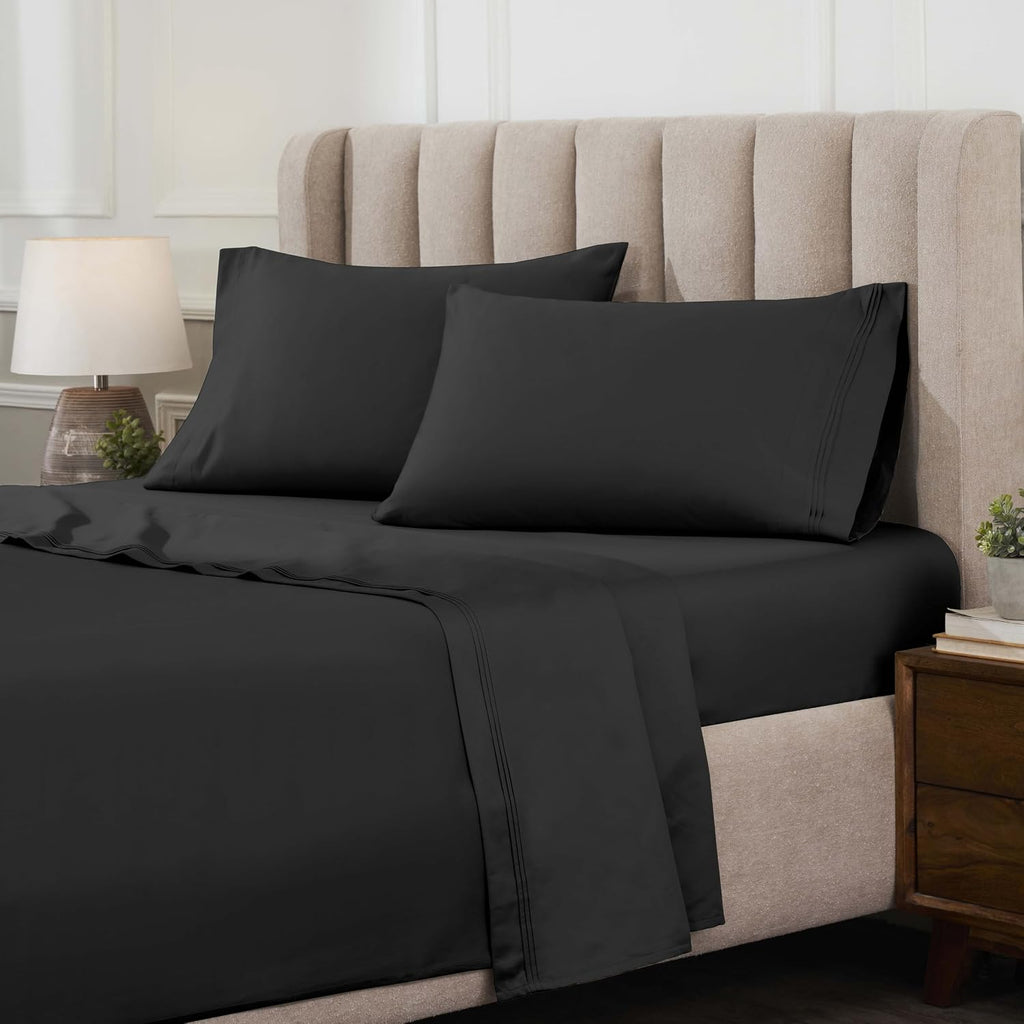 Superior Egyptian Cotton 4 Piece Sheet Set, Luxury 1500 Thread Count, Modern Design, Sustainable Sheets, Ultra-Soft Basics, Solid, Deep Pocket Fitted Sheet, Flat Sheet, Pillowcases, Queen, Black