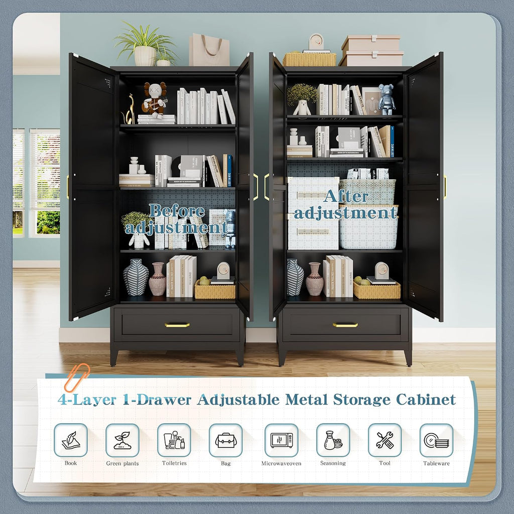 71' Tall Kitchen Pantry Storage Cabinet with Barn Doors, Drawer & Adjustable Shelves, Freestanding Storage Kitchen Cupboard, Versatile Food Pantry for Dining Room, 32' Wide,Black