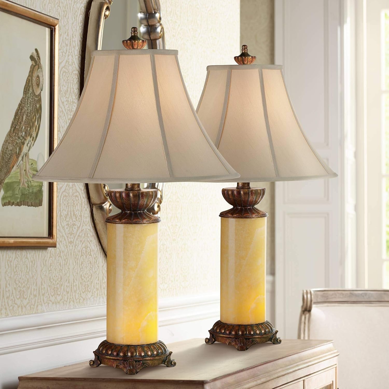 Barnes and Ivy Traditional Asian Table Lamps 28.5' Tall Set of 2 Natural Onyx Stone Dark Bronze Brown Off White Bell Shade Decor for Living Room Bedroom House Bedside Nightstand Home Office