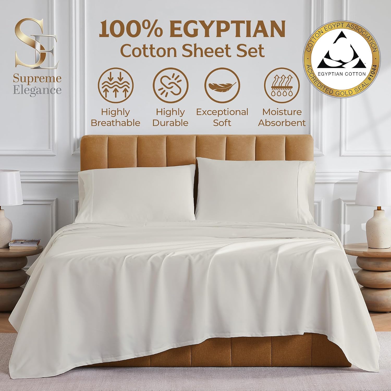 Supreme Elegance 4Pc 100% Egyptian Cotton Queen Size Sheets Set, 1000 Thread Count Sateen, Moisture Wicking, Breathable Bed Sheets, Soft & Silky, GOLD SEAL Luxury Bedding, 18' Deep Pocket, Fresh Ivory