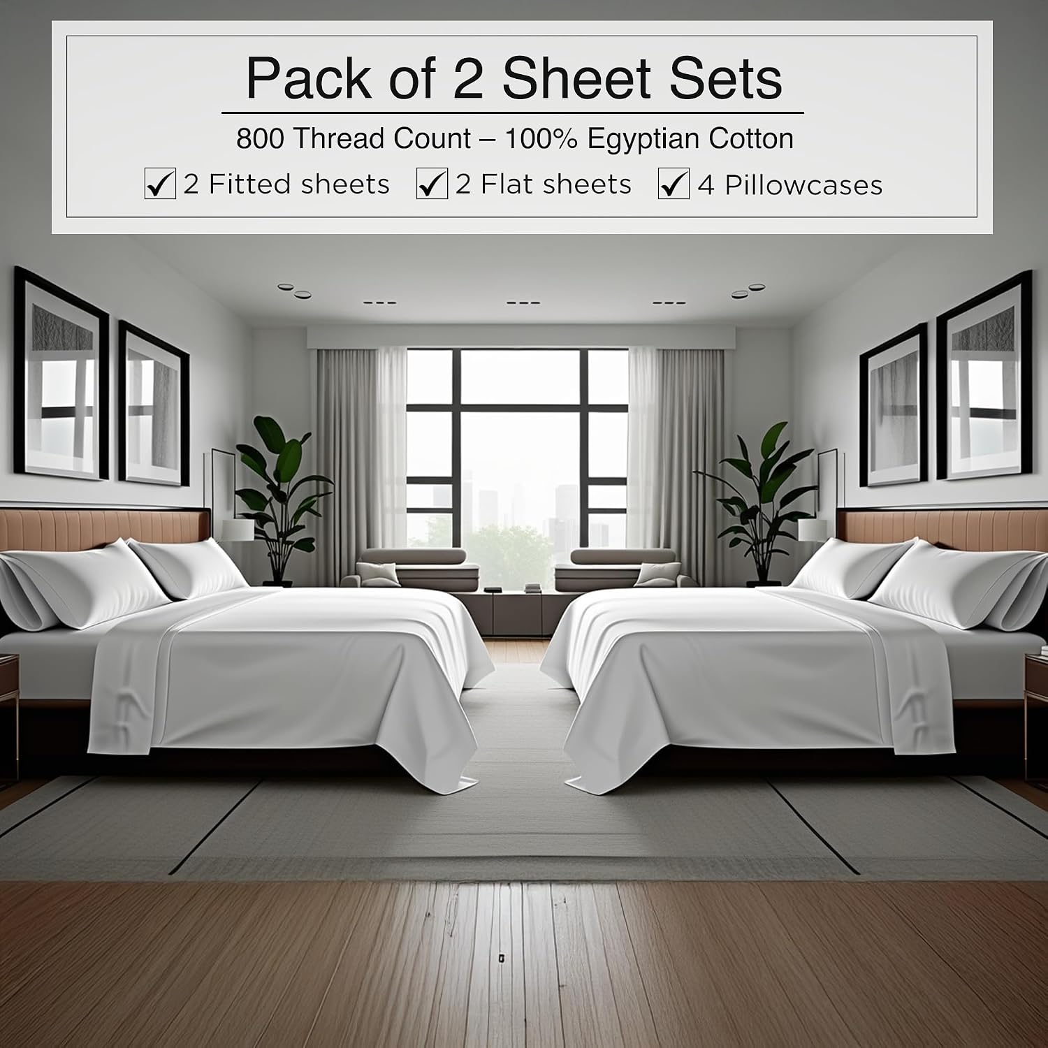 Bluemoon Homes 800 Series Egyptian Cotton Sheets Queen Size Pack of 2-4 Piece Sheet Set All Around Elastic 18' Deep Fitted Sheet, Extra Soft Bed Sheets - White Queen Bedding Set