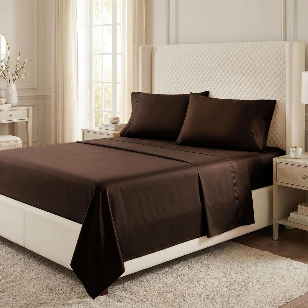Superior Egyptian Cotton 530 Thread Count Bed Sheet Set, 1 Elastic Deep Pocket Fitted Sheet, 1 Flat Sheet, 2 Pillowcases, Soft Bedding, Luxury Sheets, Sateen Weave, Queen Size, Chocolate