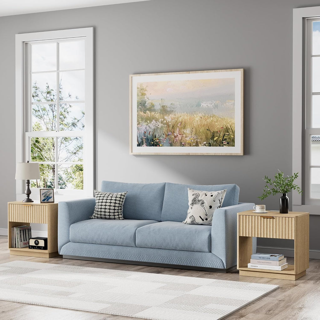Fluted Nightstand, Night Stand Set 2, 23' Wide Nightstands Set of 2 with Charging Station, Large Wooden End Table with Drawer, Modern Bedside Table for Bedroom, Curved Corners, Natural Oak