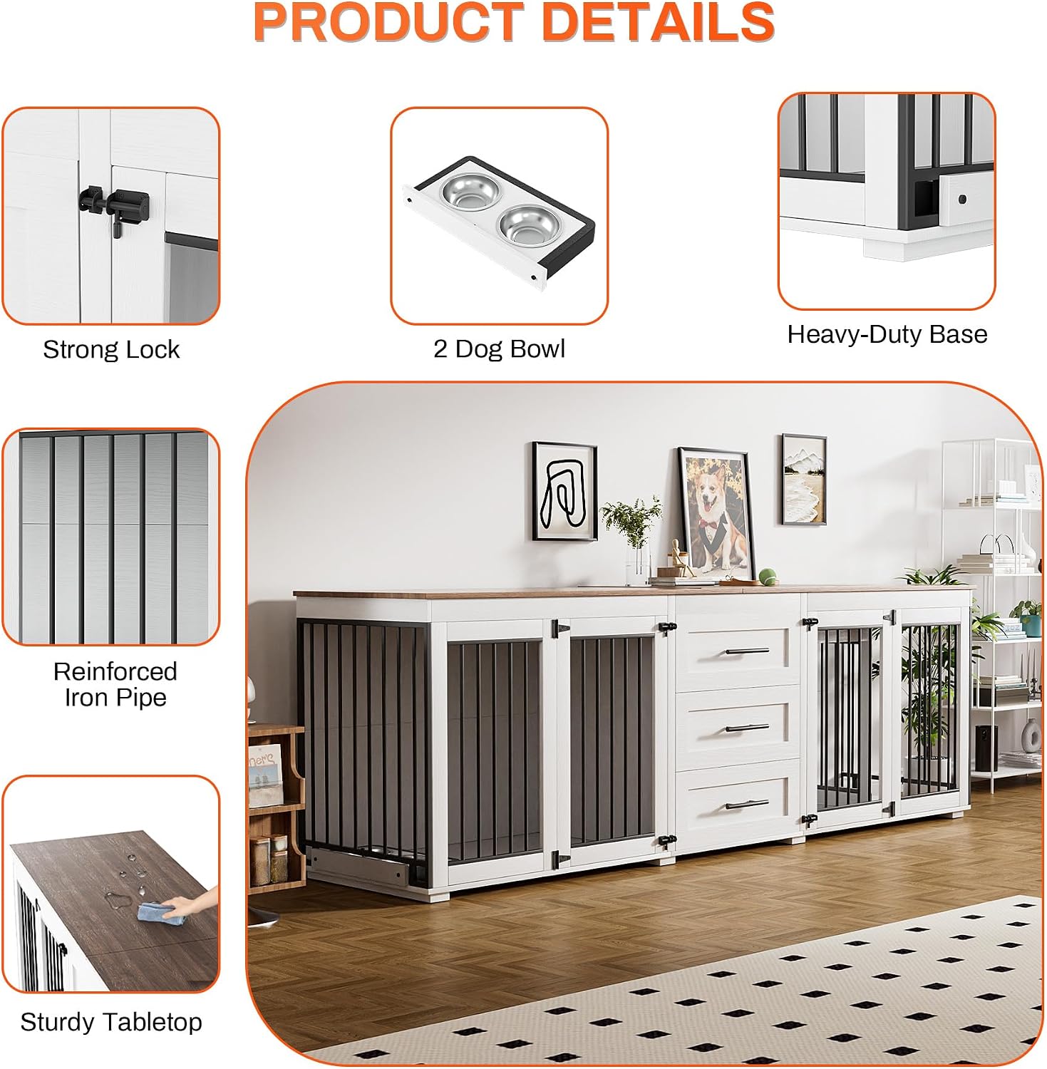 Rophefx 94.5' Dog Crate Furniture for 2 Dogs, Large Dog Kennel Furniture with 3 Storage Drawer, Wooden Dog Cage with 4 Bowls, Indoor Dog House TV Stand with Locks for Large Medium Dog, White