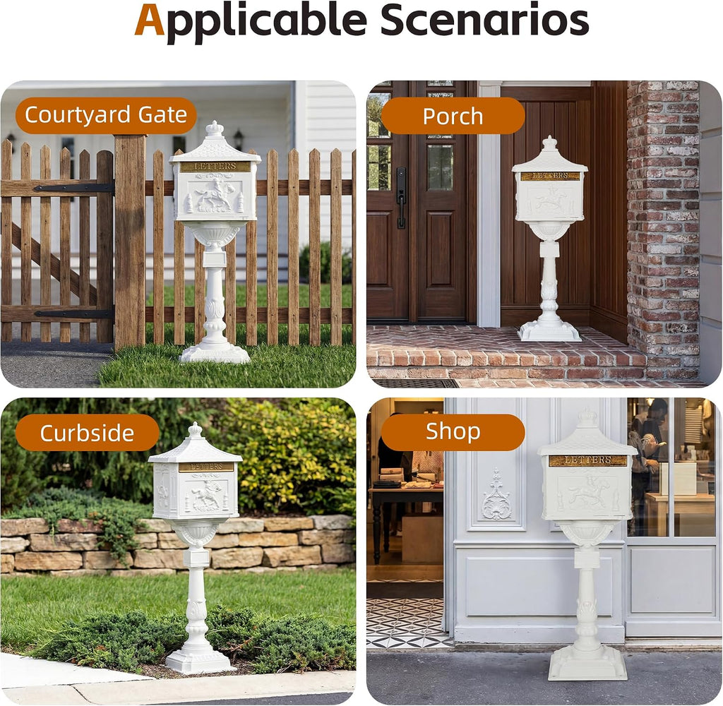 Cast Aluminum Locking Mailbox, Heavy Duty Security Postal Box, Retro Mid-Century Outdoor Mailbox with Key Lock, Weatherproof Anti-Theft Design, Easy Installation, White