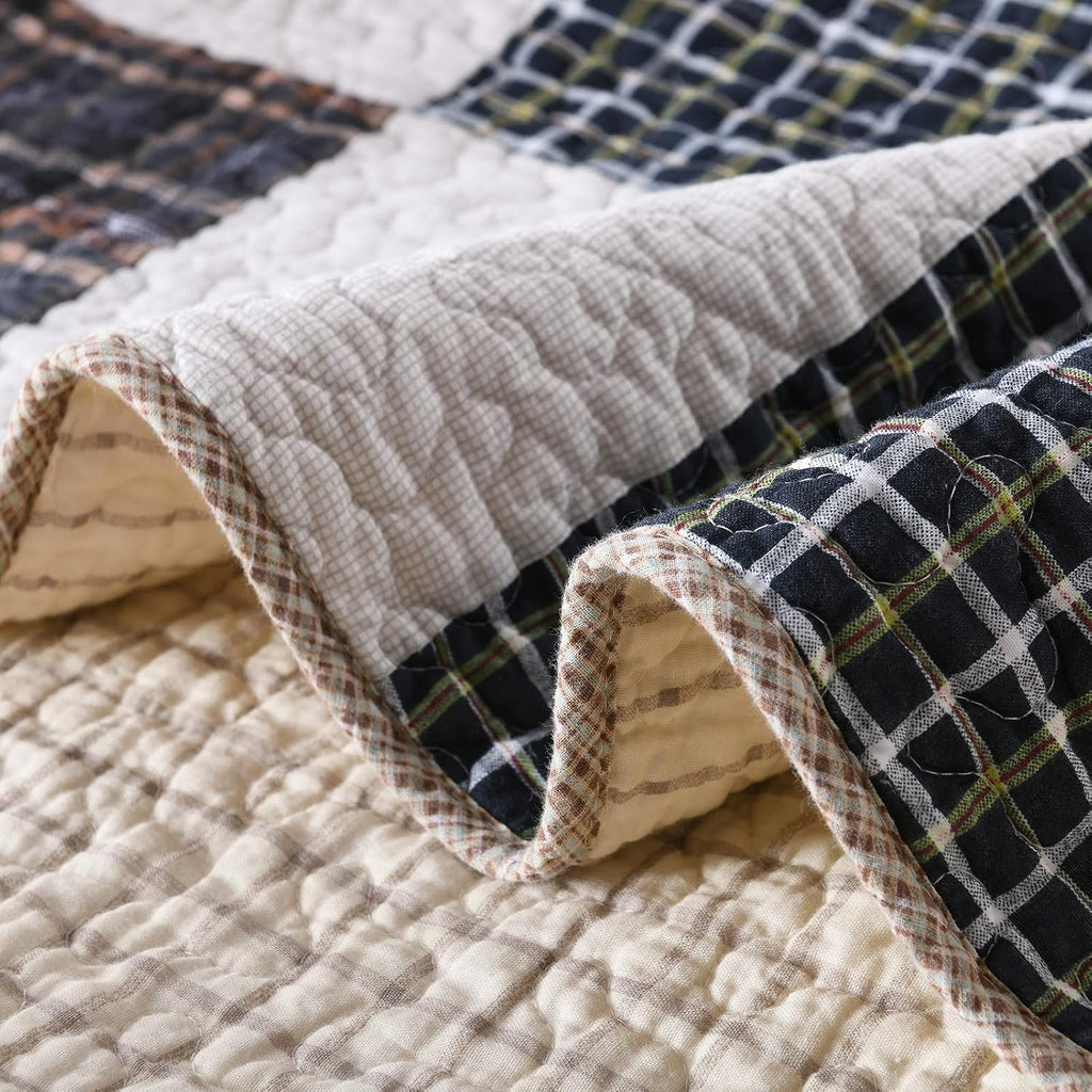 SahSahCasa Quilt King Size, King Quilt Set, 100% Cotton King Quilt Bedding Set Bedspread, Patchwork Farmhouse Quilt, Plaid Lightweight Rustic Quilts Comforter for King Bed, Beige, for All Season