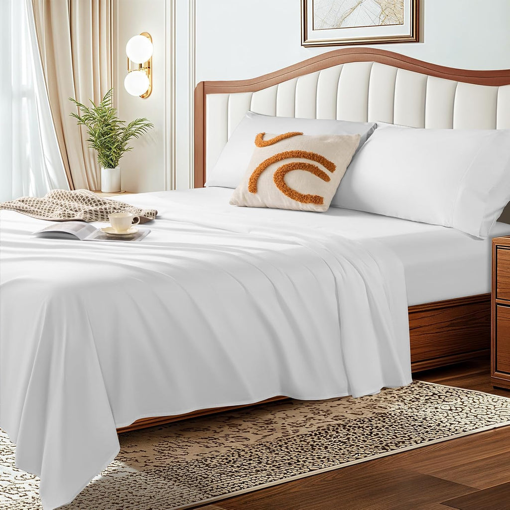 LBRO2M 1500 Thread Count Egyptian Cotton Queen Size Sheet Set (4 Piece, White, Modern Style, Deep Pocket, Fully Elasticized)