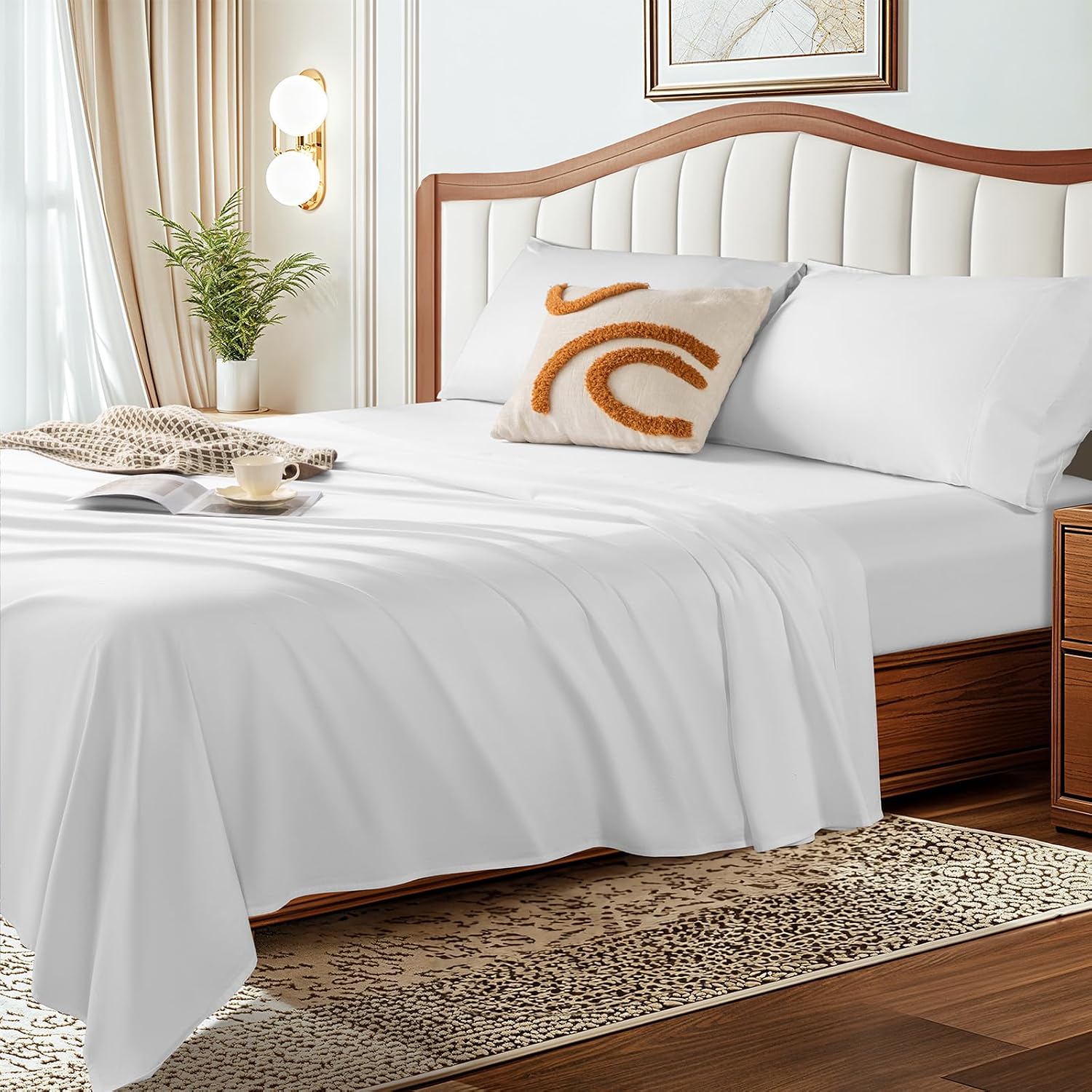 LBRO2M 1500 Thread Count Egyptian Cotton Queen Size Sheet Set (4 Piece, White, Modern Style, Deep Pocket, Fully Elasticized)
