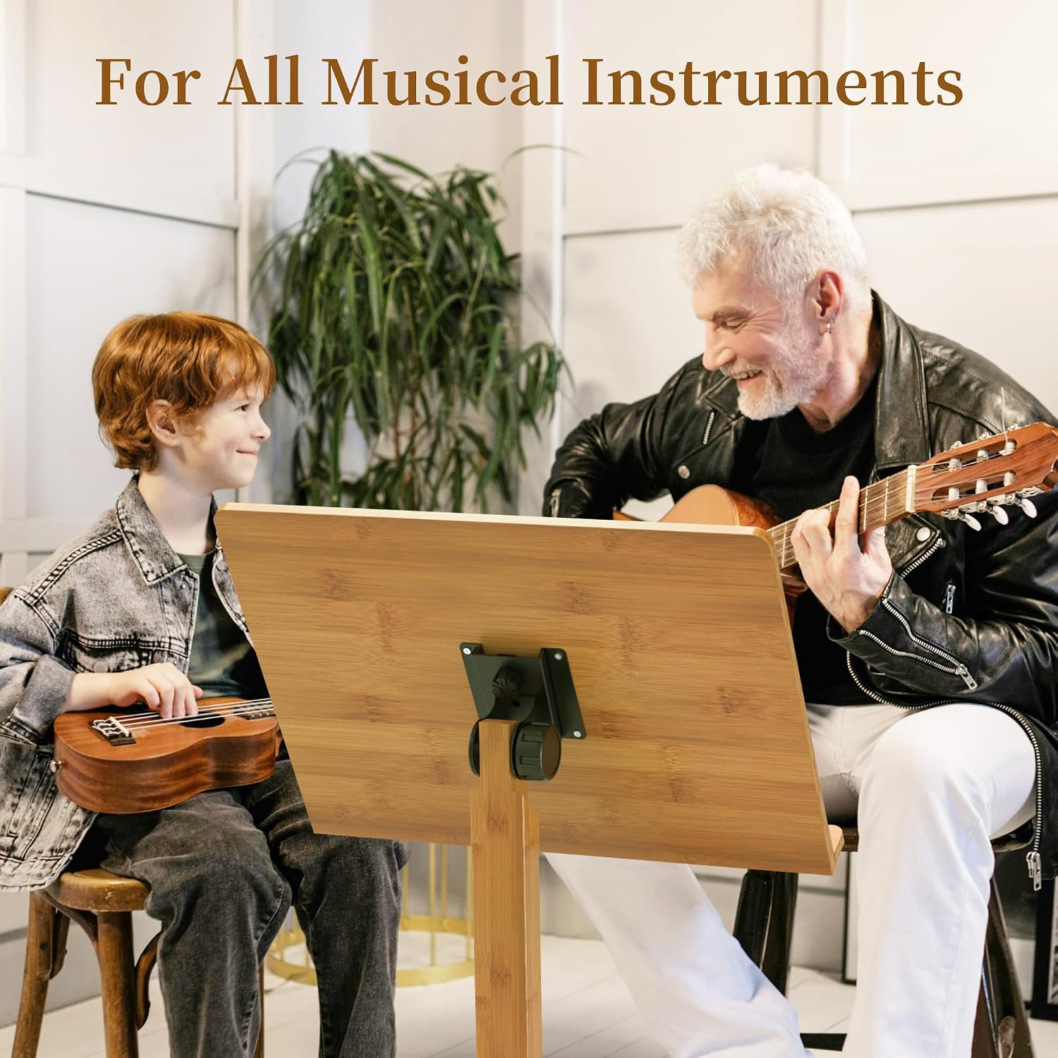 Music Stand for Sheet Music - Bamboo Folding Sheet Music Stands With Tray Guitar Clip, Wooden Sheet Music Organizer Height Adjustable 39.37''-51.2'' for Conductor Lectern Violin Piano Ukulele Players (Natural, Tray + Guitar Clip)