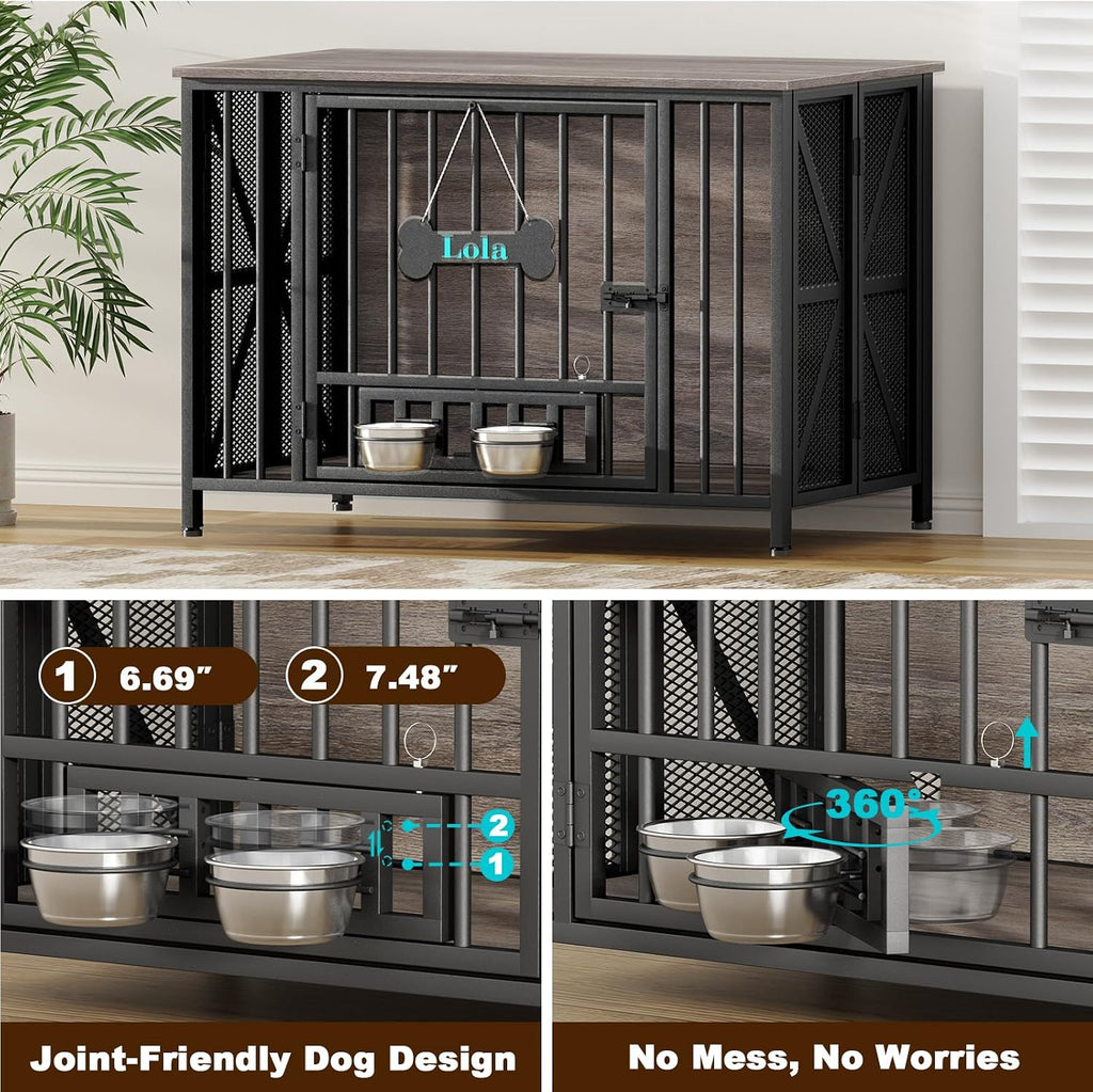EasyCom Foldable Dog Crate Furniture, 41.3' Dog Crates for Medium/Large Dogs, Wooden Dog Kennel Indoor with Tag & Adjustable Bowls, Dog Cage Use as End Table/TV Stand, Oak Grey