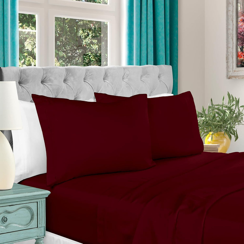 Superior Egyptian Cotton 4 Piece Sheet Set, Luxury 1000 Thread Count, Eco-Friendly, Sustainable Sheets, Ultra-Soft Basics, Solid, Deep Pocket Fitted Sheet, Flat Sheet, Pillowcases, Queen, Burgundy