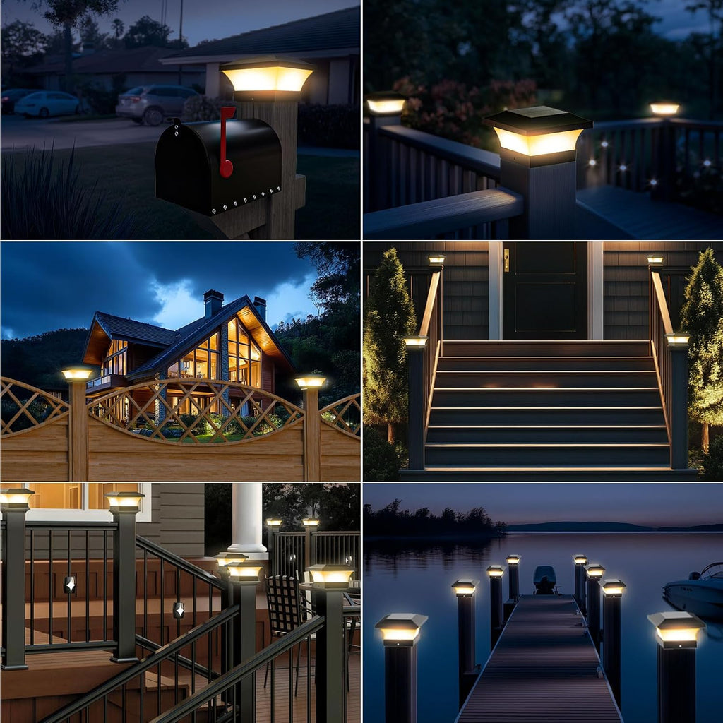T-SUN 4X4 Solar Post Cap Lights, Warm White LED Fence Post Solar Lights, Outdoor Waterproof Post Lights for Wood & Vinyl Fence Posts, Deck, Patio Railing, Porch, Black-12 Pack