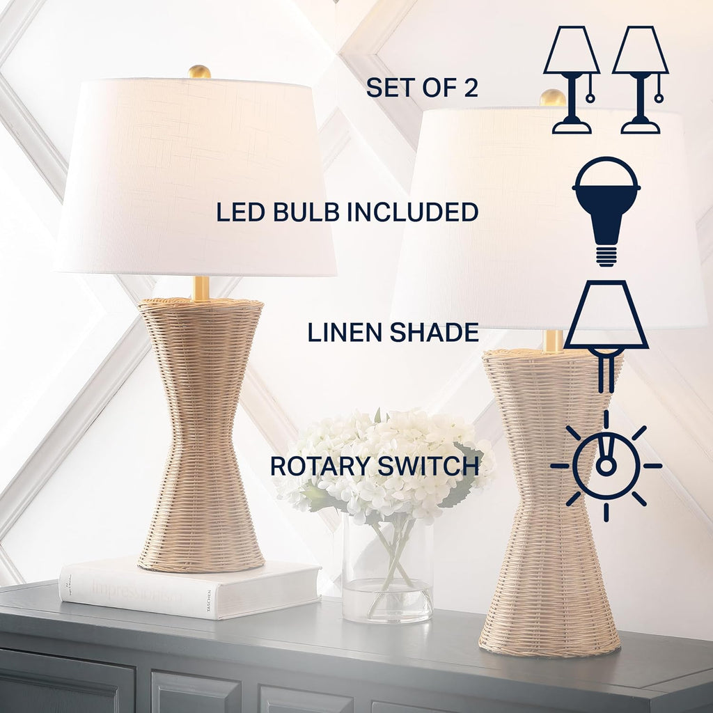 JONATHAN Y 27' Natural Woven Rattan Hourglass Table Lamp Coastal Geometric Wicker Bedside Lamp for Living Room Bedroom with White Fabric Shade Set of 2 LED Bulbs Included JYL4048A-SET2