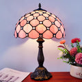 Tiffany Lamp Stained Glass Table Lamp Antique Bedside Desk Reading Light 3-Way Color LED Living Room Nightstand Light 12X12X19 Inches Home Office Desk Light Pink Pearls Style