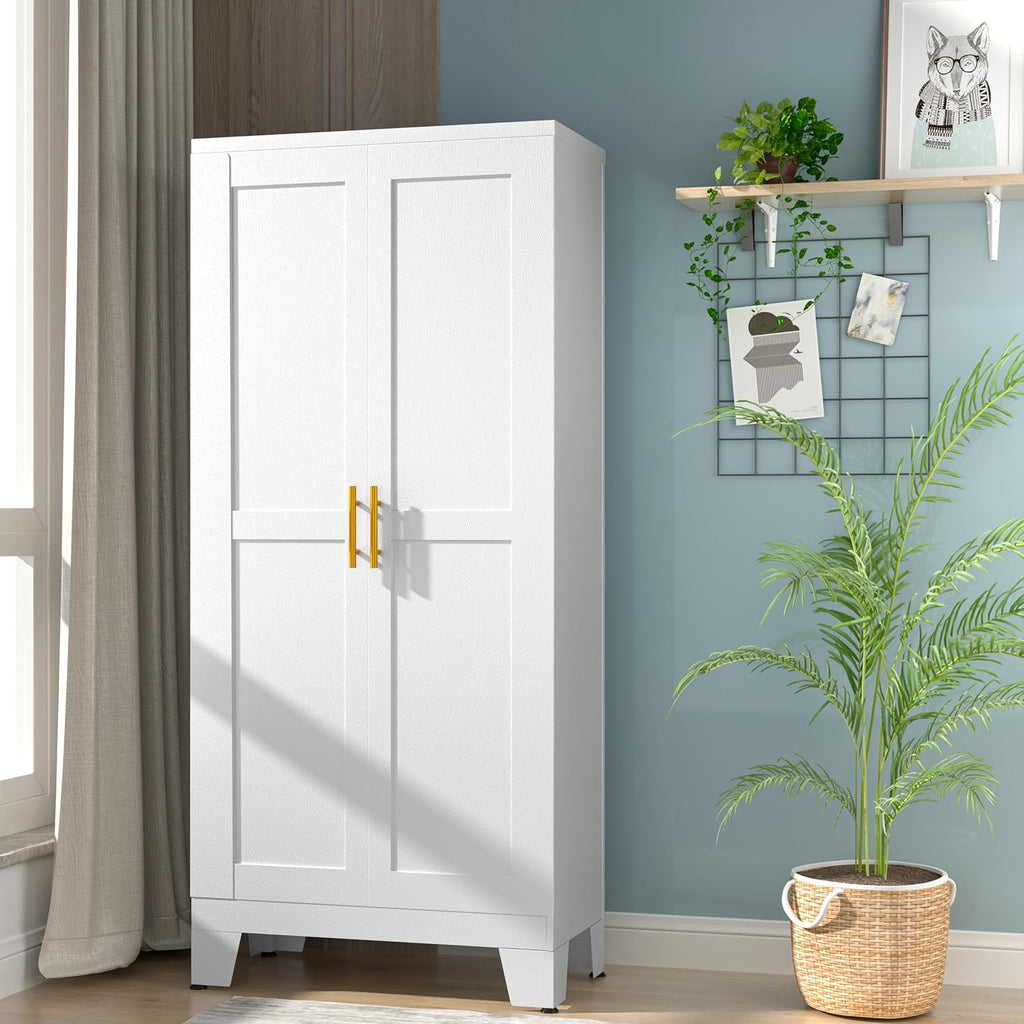 erosoei 61.02'H Pantry Storage Cabinet, Kitchen Storage Cabinets with Adjustable Feet and Shelves, Metal Pantry Cabinet for Kitchen, Living Room, Laundry Room and Dinning Room (2door-White)