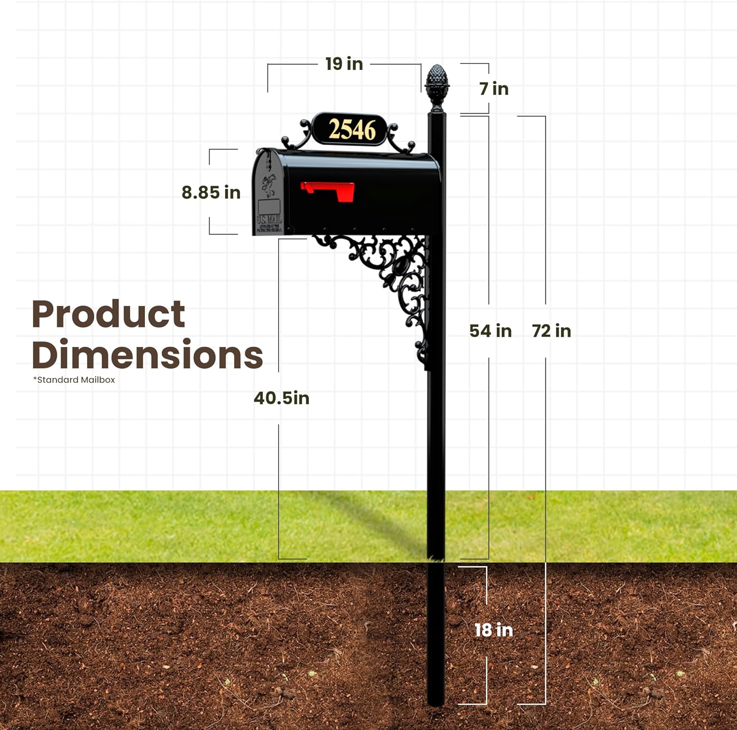 Oak Large Mailbox & Post Kit – Black System Includes Address Plaque, Numbers & Mounting Hardware – Rust Resistant Metal Box with Decorative Finial