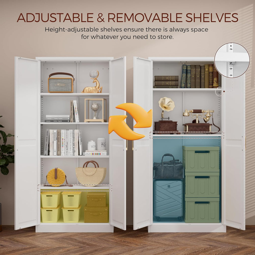 71' Tall Metal Pantry Cabinet, White Kitchen Pantry Storage Cabinet with 4 Adjustable Shelves and Gold Handles, Cupboard for Kitchen, Dining Room, Living Room, Bathroom