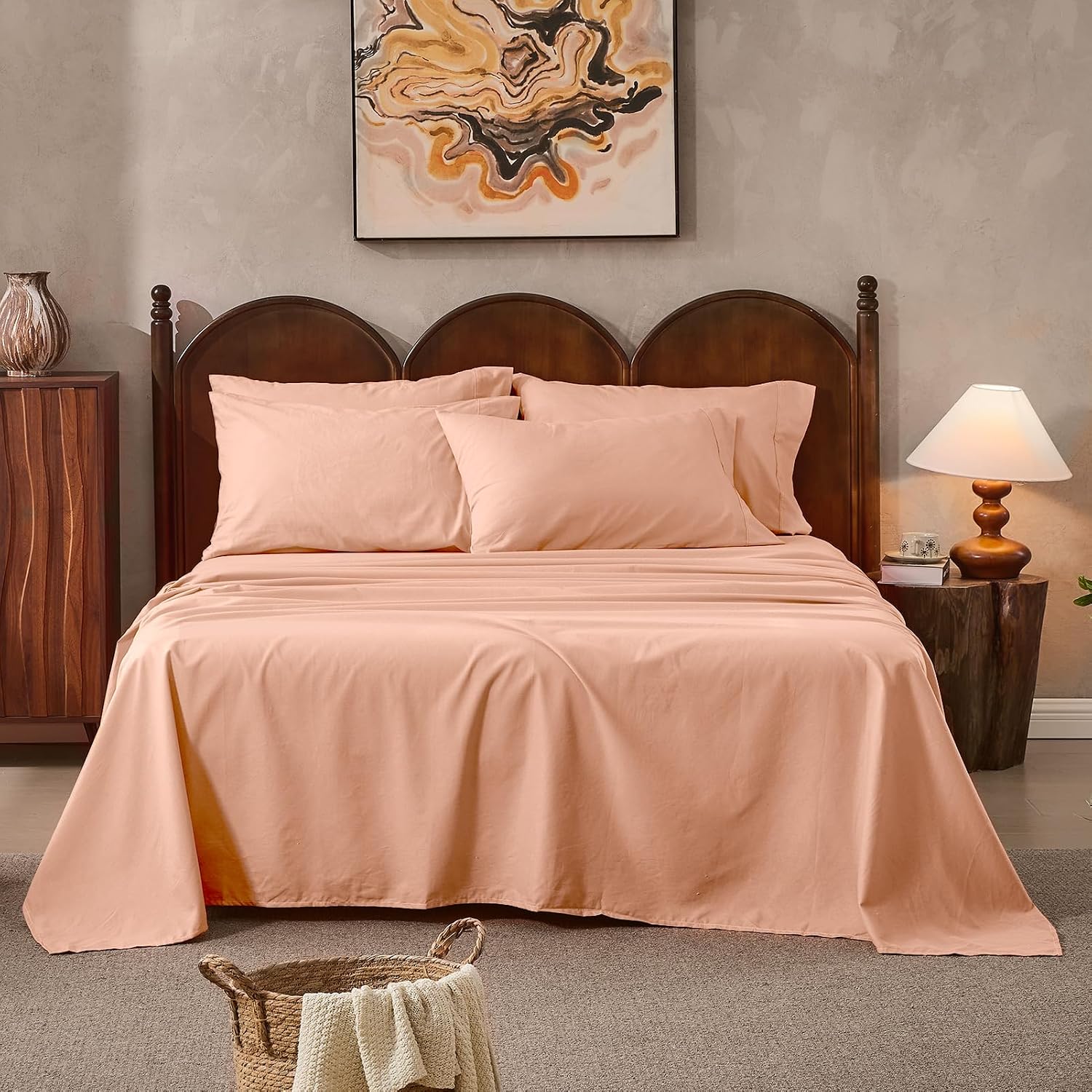 100% Linen Sheets Queen Size,Breathable & Durable 4-Piece Bed Flax Sheet Set,Soft All-Season Bedding for Hot Sleepers 16' Deep Pocket Oeko-TEX Certified,（Queen, Light Red）