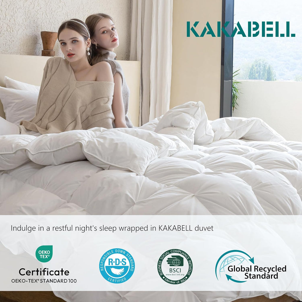 KAKABELL Pinch Pleat Goose Down Feathers Fiber Comforter Cal King Size All Season-Ultra Soft and Cozy Noiseless Duvet Insert with Egyptian Cotton Blend Cover,Fluffy Warm Comforter (White,98'X108')