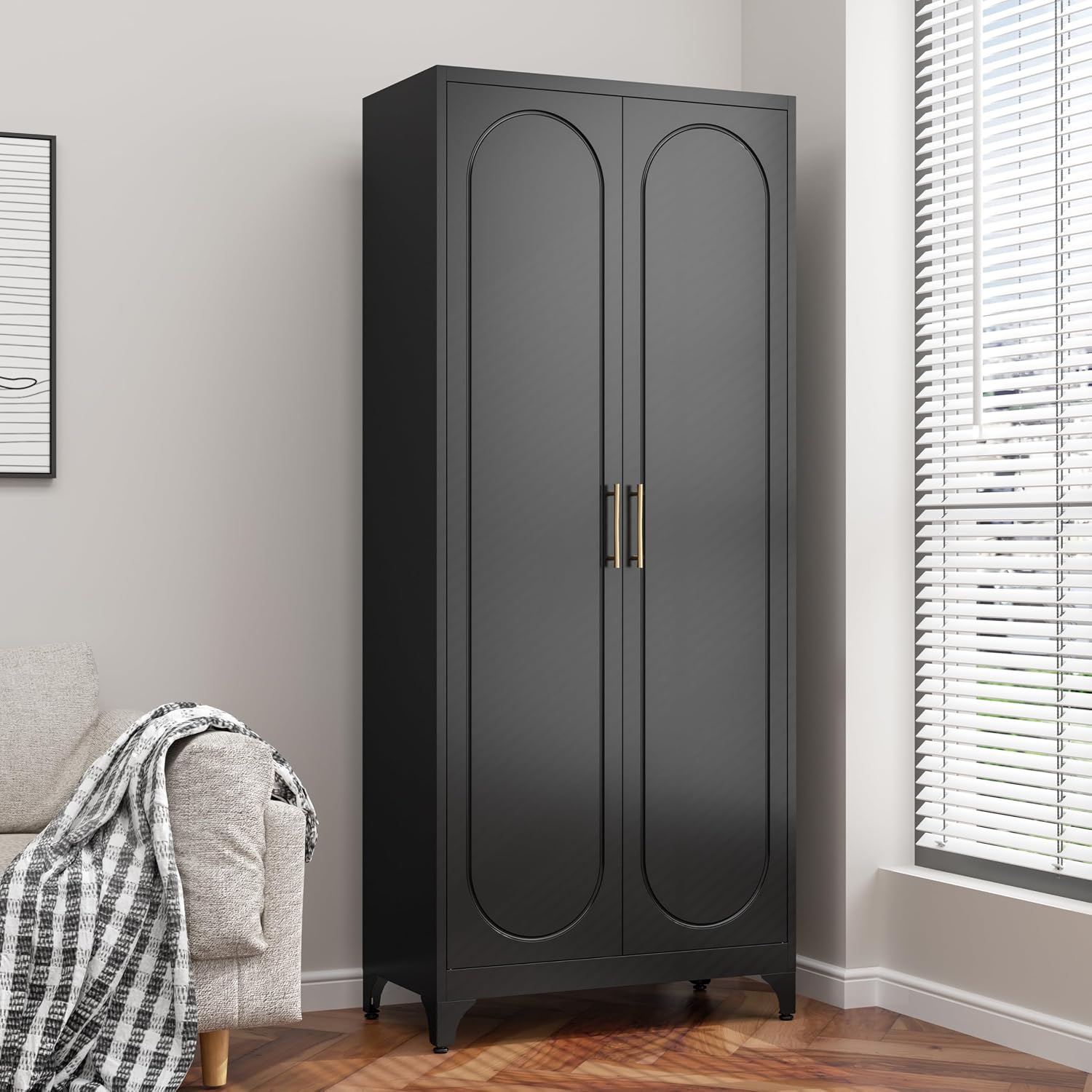 75' Tall Metal Storage Cabinet with 2 Doors and 4 Adjustable Shelves, 32'W x 16'D Heavy Duty Steel Pantry Cabinet for Kitchen, Garage, Home Office and Laundry Room, Cold-Rolled Steel, Black