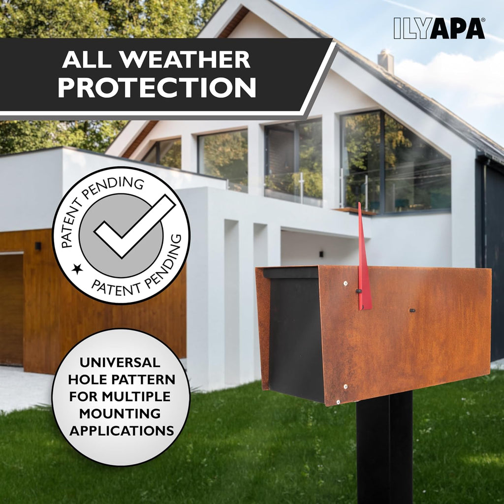 Ilyapa Modern Mailbox for Post Mount - Corten Steel Rusted Finish with Black Door Powder Coated Steel, with Recessed Magnetic Close Door
