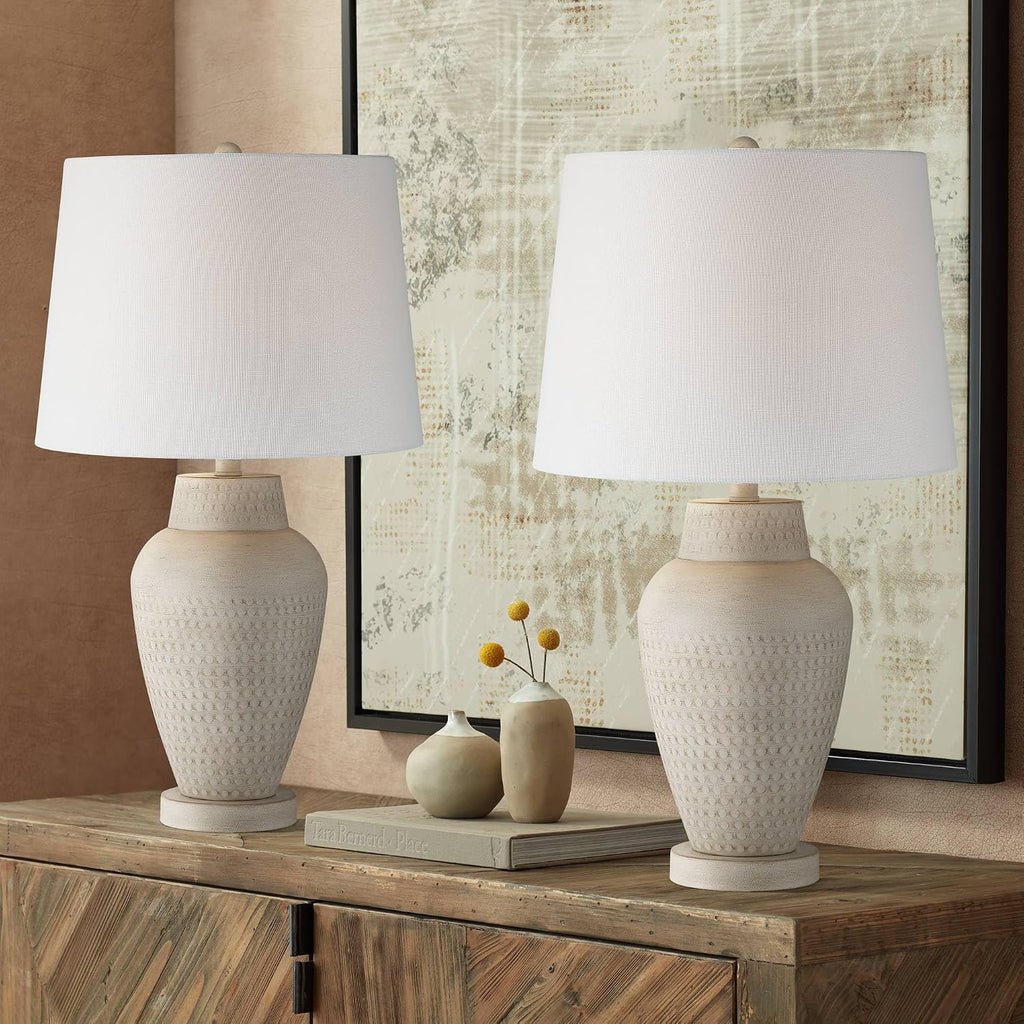 360 Lighting Rupert 24 3/4' High Vase Farmhouse Rustic Traditional Table Lamps Set of 2 Beige Hammered Metal Linen Off-White Shade Living Room Bedroom Bedside Nightstand House Office Home Reading