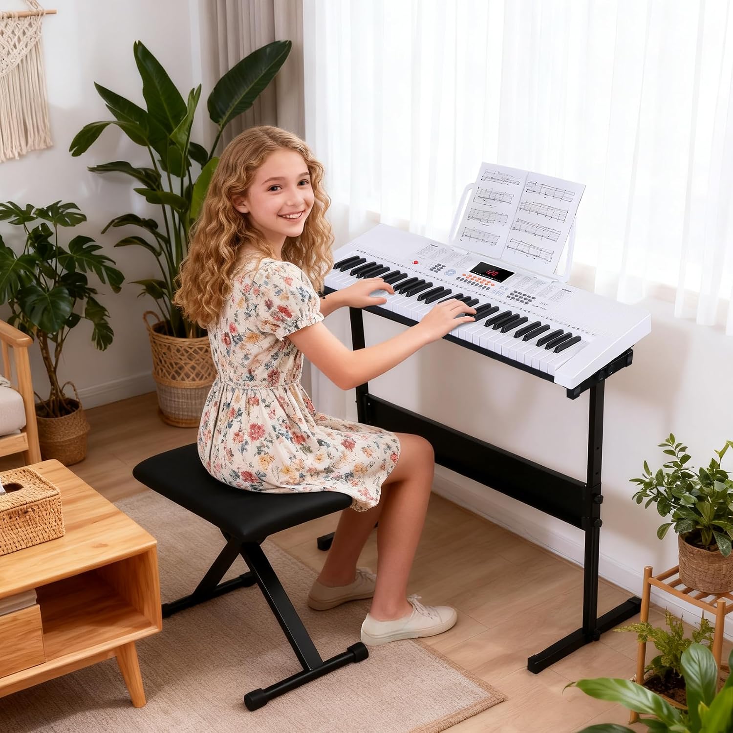 ZENY 61-Key Portable Electric Keyboard Piano with Built In Speakers, LED Screen, Headphones, Microphone, Piano Stand, Music Sheet Stand and Stool (White)
