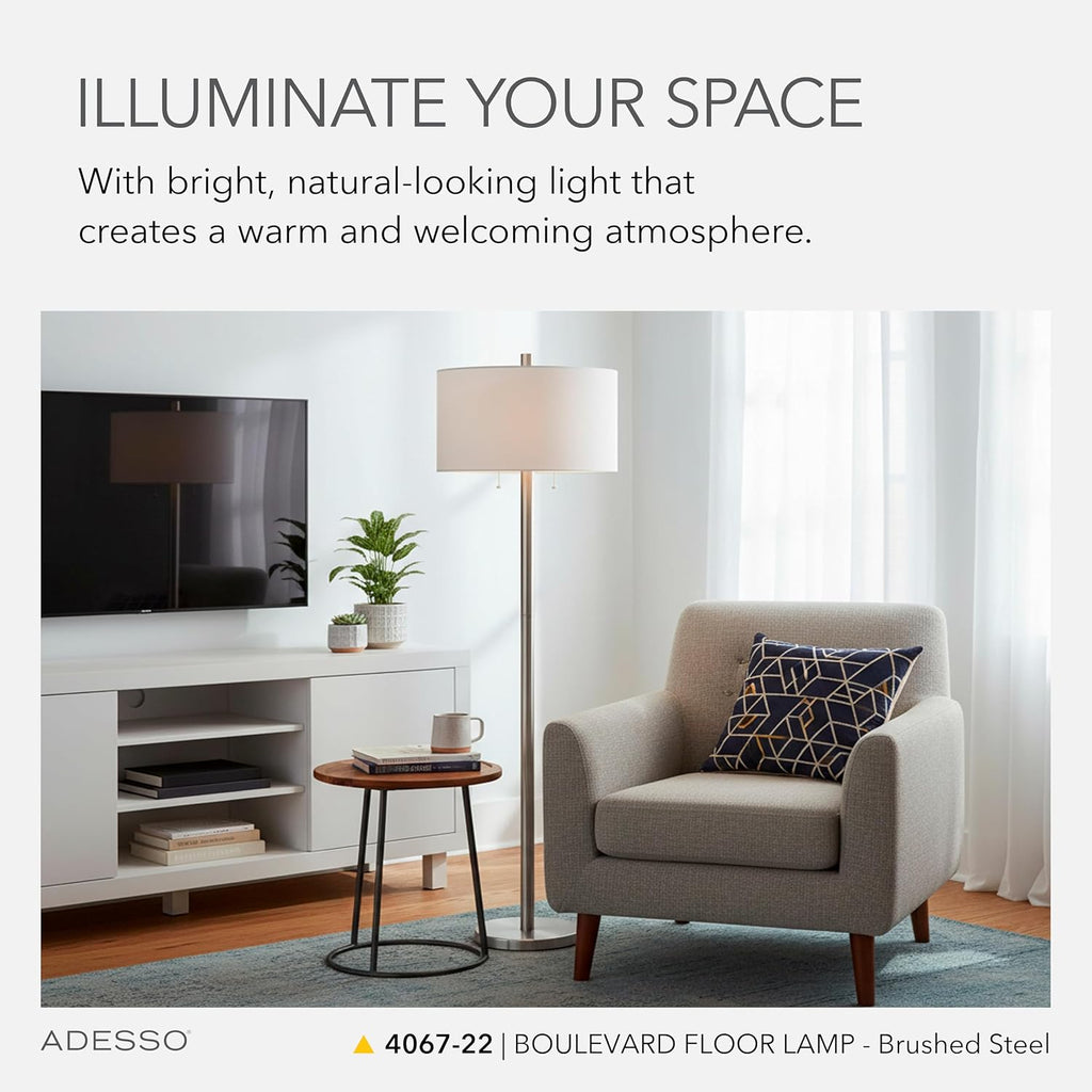 Adesso Floor Lamp with Dual Pull Chains, Brushed Stee; Finish, White Fabric Lampshade – Bedroom, Home Office Lighting, or Living Room Decor, 61' x 18.5'