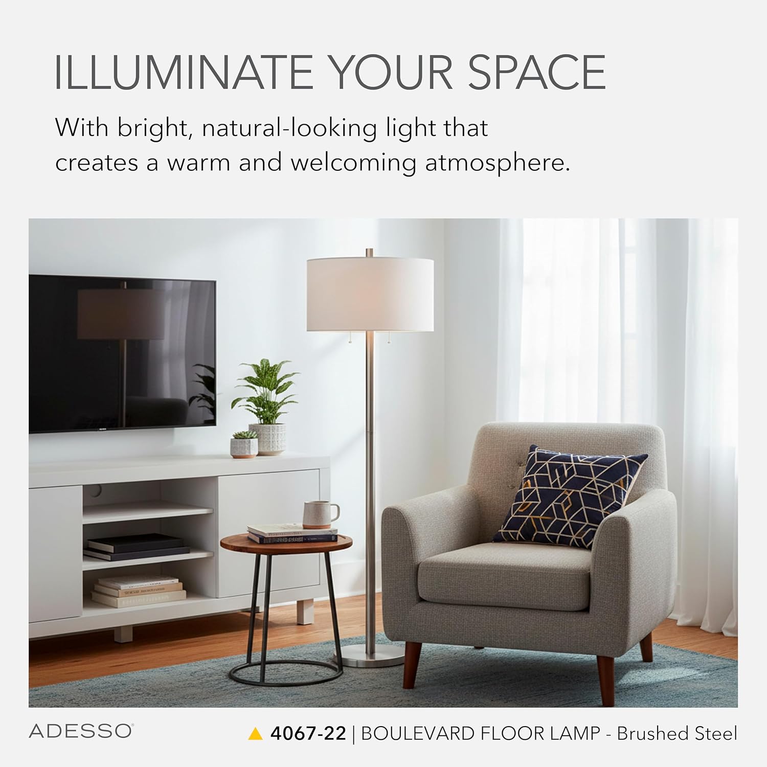 Adesso Floor Lamp with Dual Pull Chains, Brushed Stee; Finish, White Fabric Lampshade – Bedroom, Home Office Lighting, or Living Room Decor, 61' x 18.5'