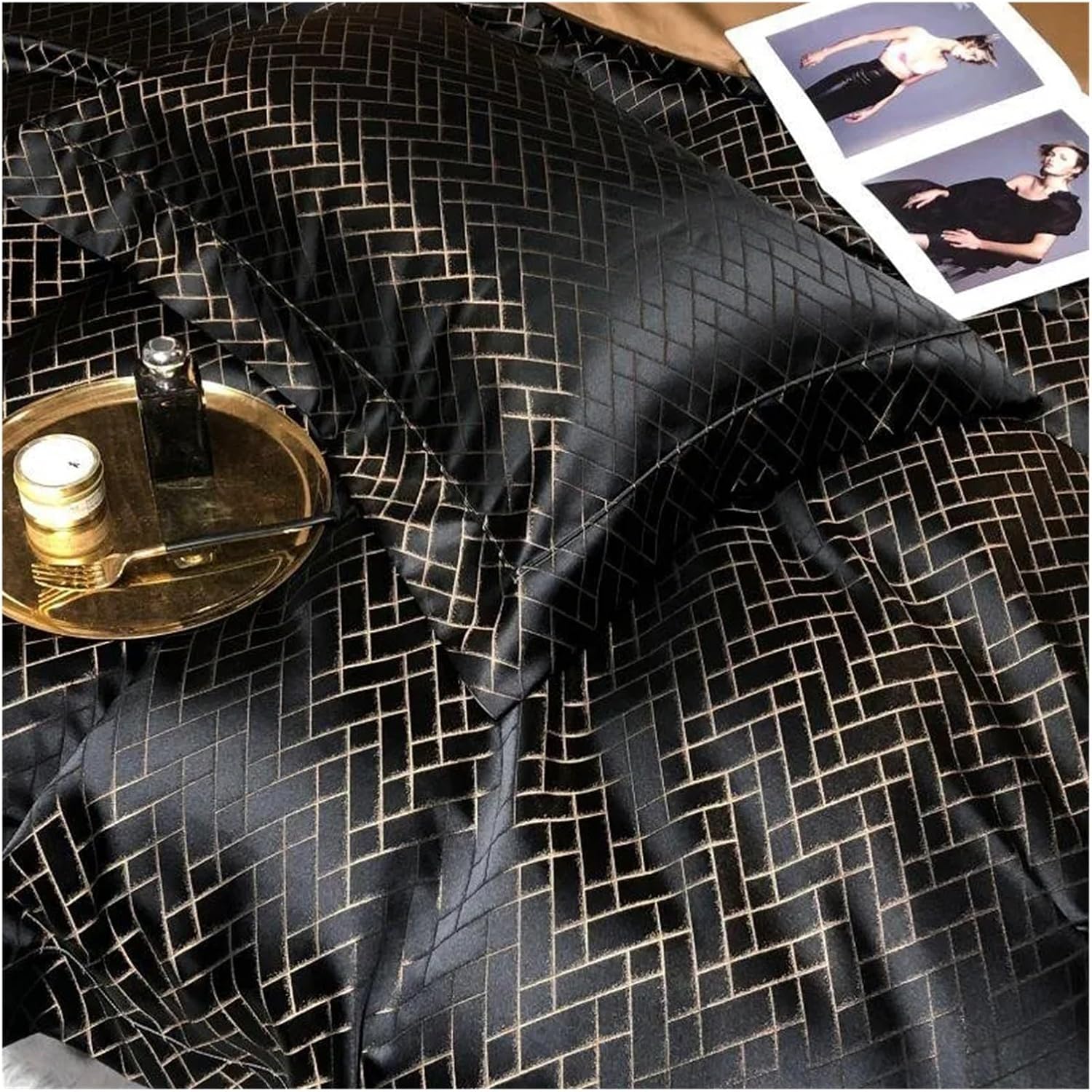 Luxury Black Gold Yarndyed Jacquard Egyptian Cotton Smooth Duvet Cover Queen King Bedding Set Flat Sheet Pillowcases, for All Seasons(Black Gold,Queen)