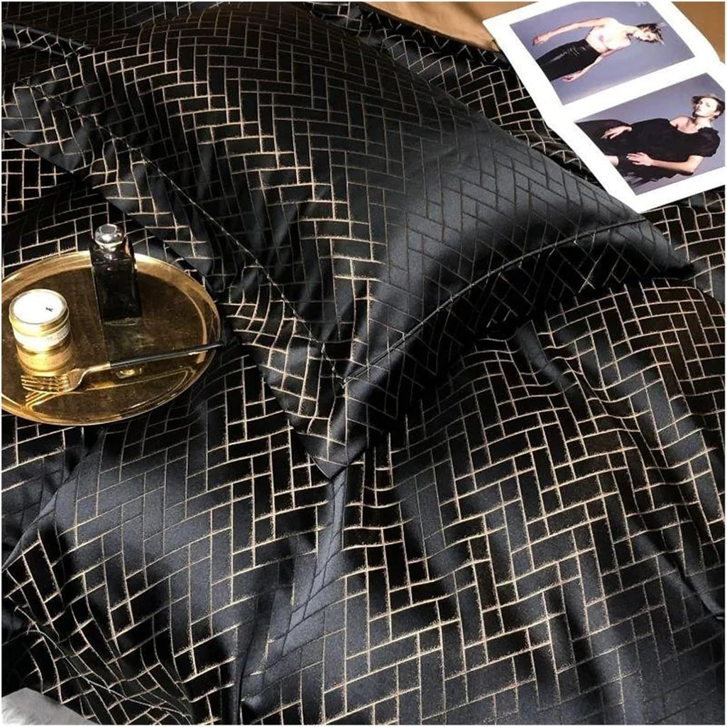 Luxury Black Gold Yarndyed Jacquard Egyptian Cotton Smooth Duvet Cover Queen King Bedding Set Flat Sheet Pillowcases, for All Seasons(Black Gold,King)