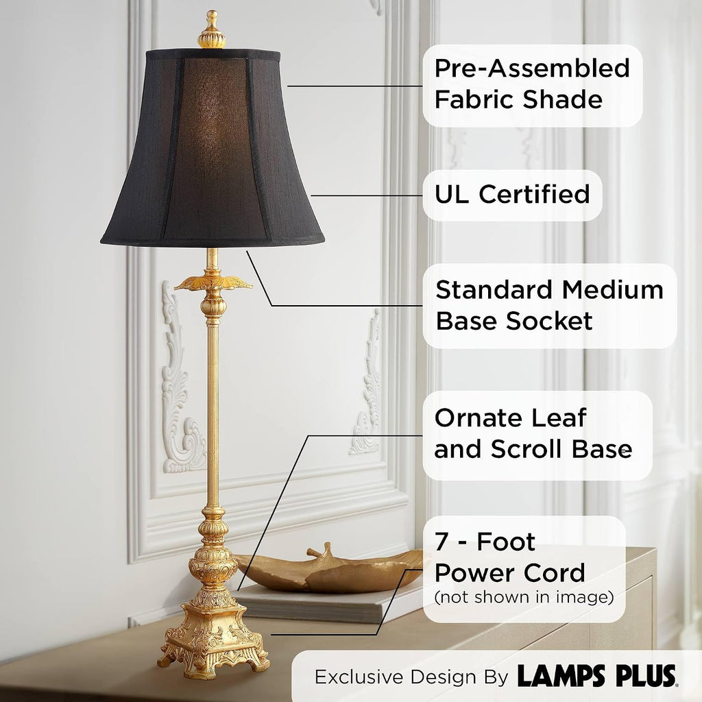 Regency Hill Juliette Traditional French Country Buffet Table Lamps 36.5' Tall Skinny Set of 2 Glam Luxury Style Gold Candlestick Black Fabric Bell Shade for Living Room House Home Entryway