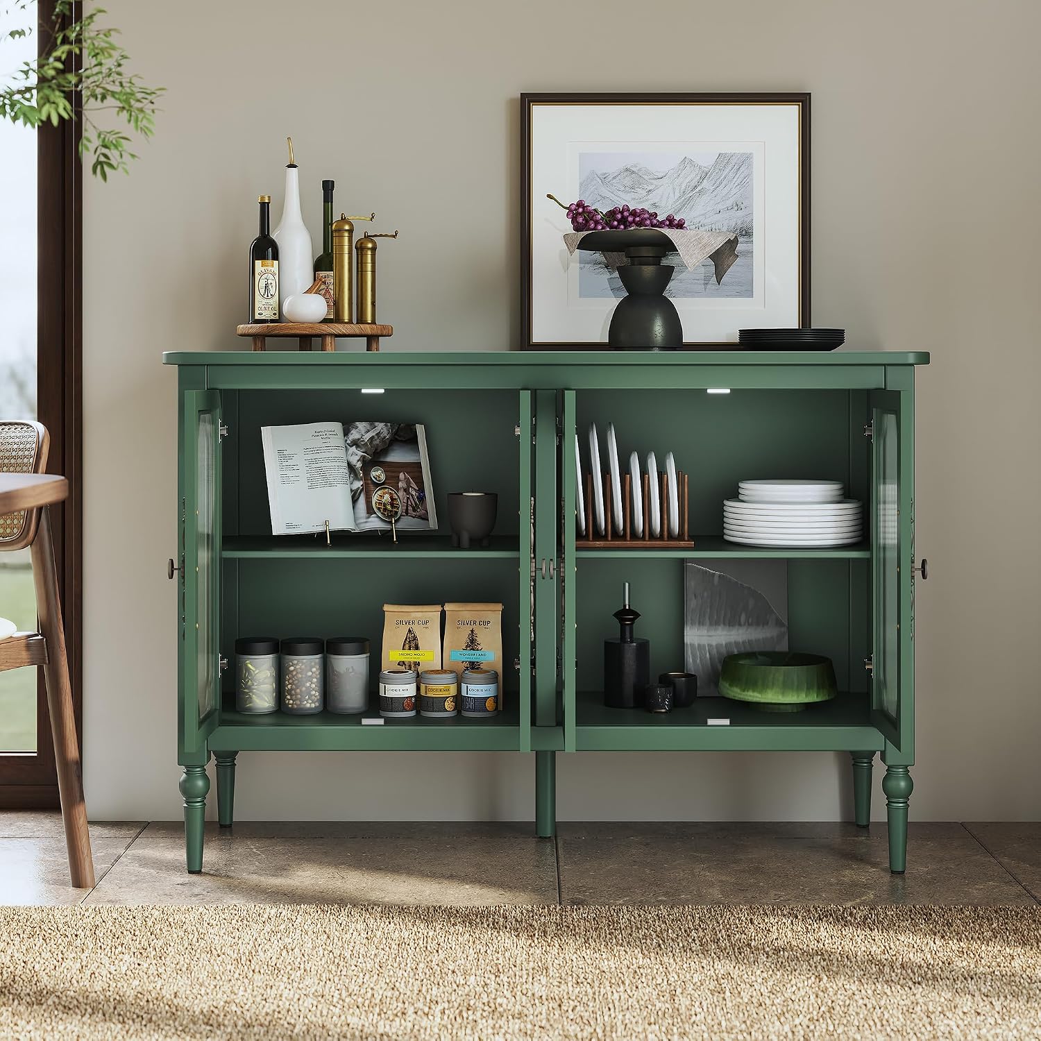 Vintage Buffet Sideboard with 4 Glass Doors, 48' Mid Century Style Storage Cabinet with Shelves, Deractive Crezada, Green Accent Cabinet for Living Room, Kitchen