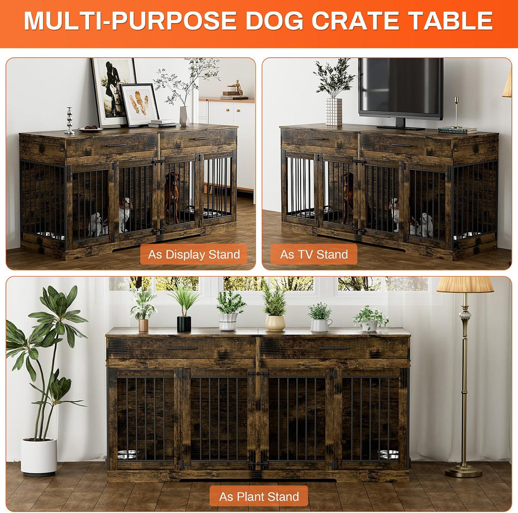 Rophefx 72' Dog Crate Furniture for 2 Dogs, Large Dog Kennel Furniture with 2 Storage Drawer and 4 Bowls, Wooden Dog Cage with Removable Divider, Indoor Dog House TV Stand for Medium Dog, Rustic Brown