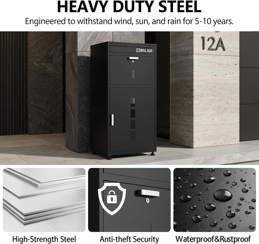 Parcel Drop Box with Mailbox, Extra Large Package Delivery Box for Outside, Anti-Theft Lockable Mail Box for Porch, Standing Courier Box for Packages and Letters with Delivery Sign, Black