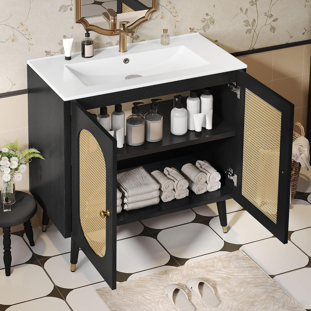 DWVO 36 Inch Rattan Vanity with Sink, Freestanding Bathroom Vanity Cabinet, Boho Style with 2 Large Soft-Closing Doors & Four-Sided Water Barrier Strip, Black