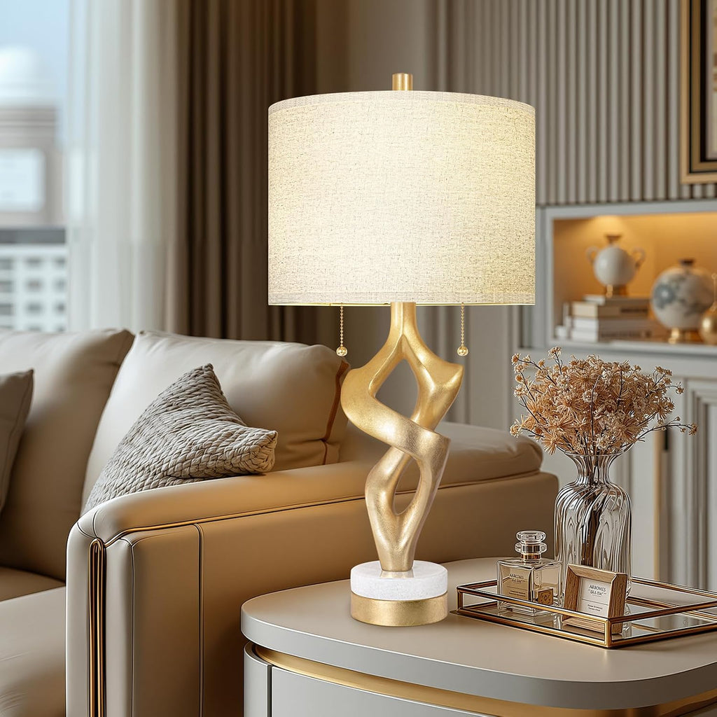 Scenekoy Sculptural Table Lamp Set of 2 with USB Ports for Bedroom Living Room, 26' Gold Leaf Marble Base Bedside Lamps, Pull Chains Switch Modern Nightstand Lamp for Home Room Decor (Bulbs Included)