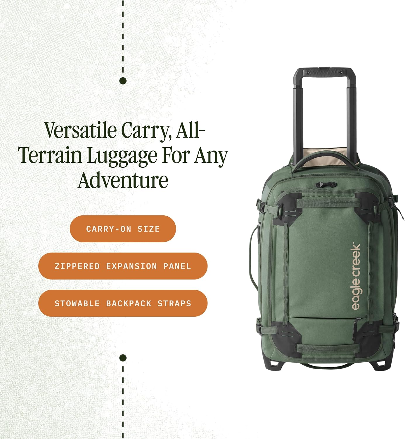 Eagle Creek Gear Warrior XE 2-Wheel Convertible Carry-On Luggage for Travel Essentials - Heavy Duty Wheels - Lockable Zippers - Interior Laptop Sleeve - Jungle Green - 21.75'