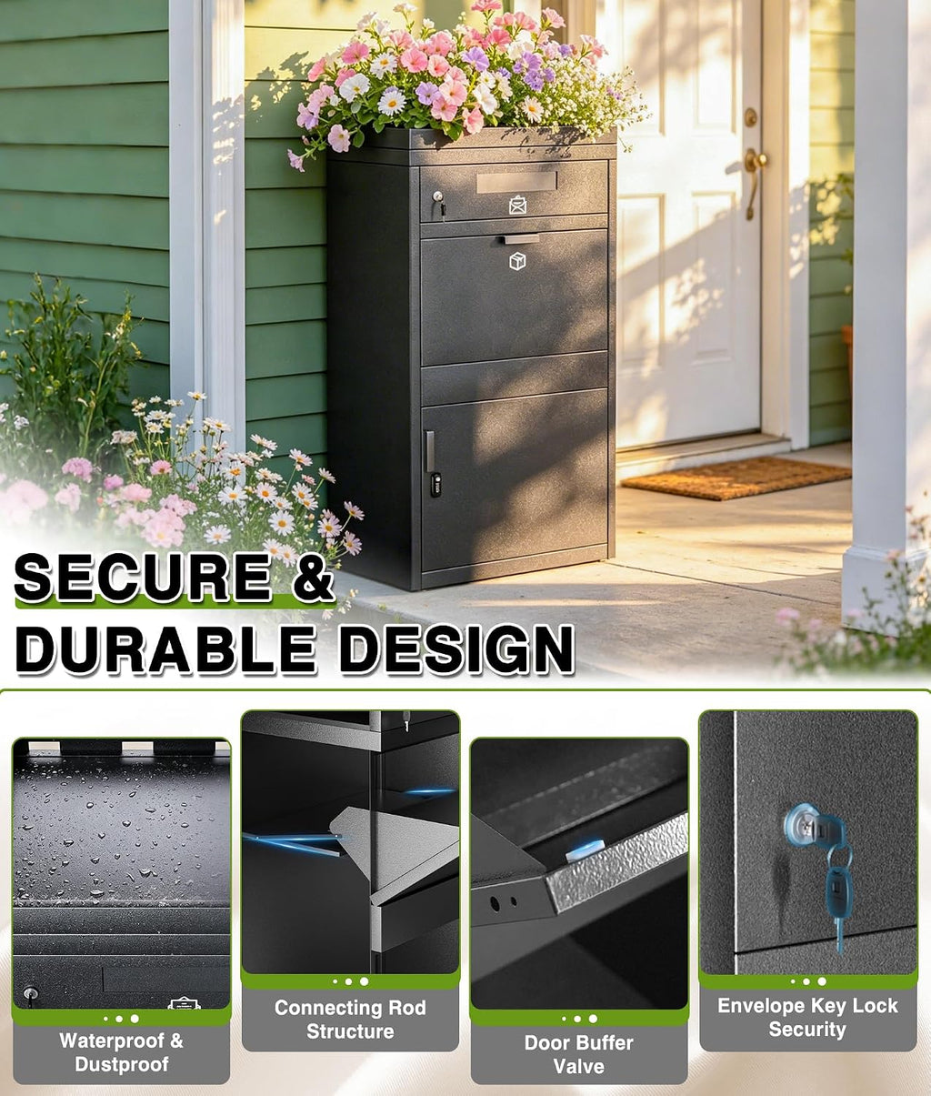 Large Parcel Delivery Box 127L Capacity, Outdoor Package Mailbox with Plant Top, Anti-Theft Letter Box with Password Lock & Key Lock for Porch Yard Home Office (XX - Large B)