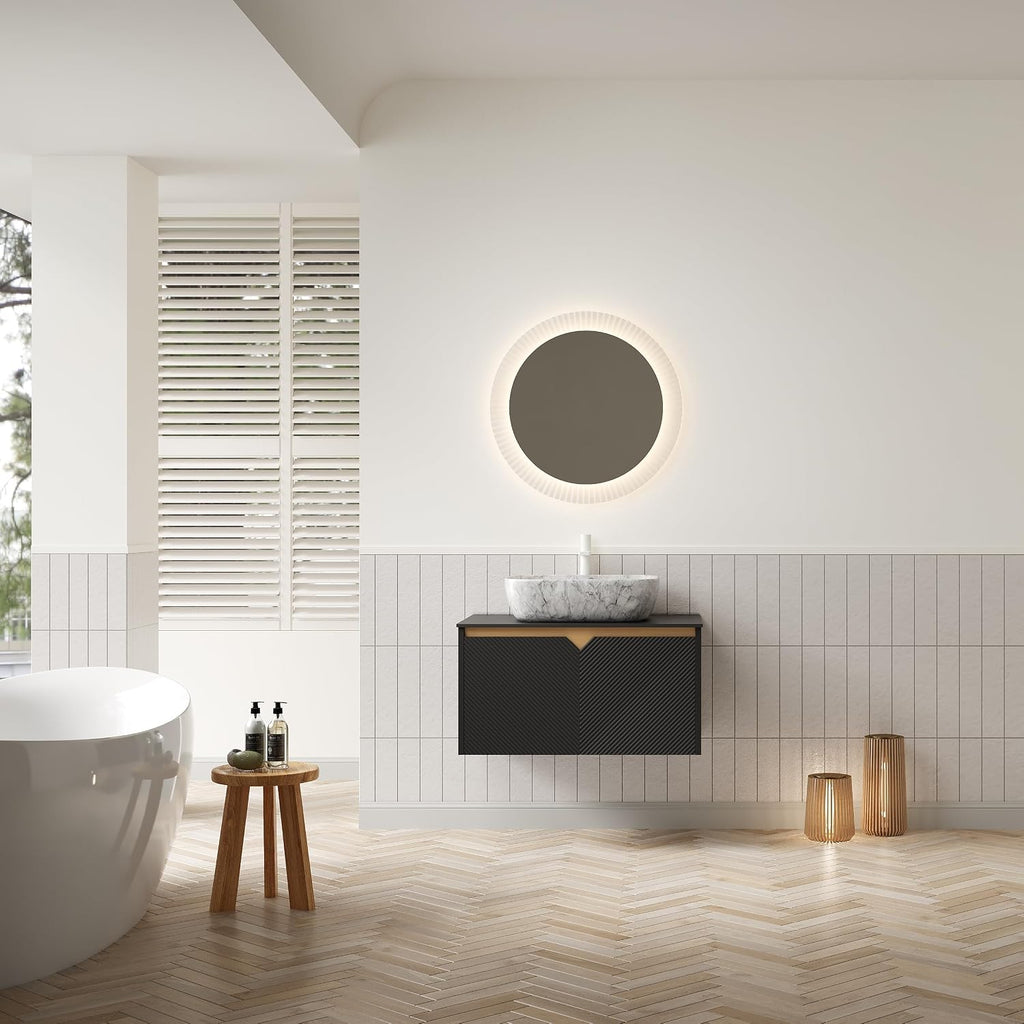 30 Inch Bathroom Vanity with Sink, Floating Fluted Vanity with Vessel Sink, Modern Bathroom Vanity Cabinet with 2 Doors, Marble Pattern Ceramic Sink & Sintered Stone Top, Black