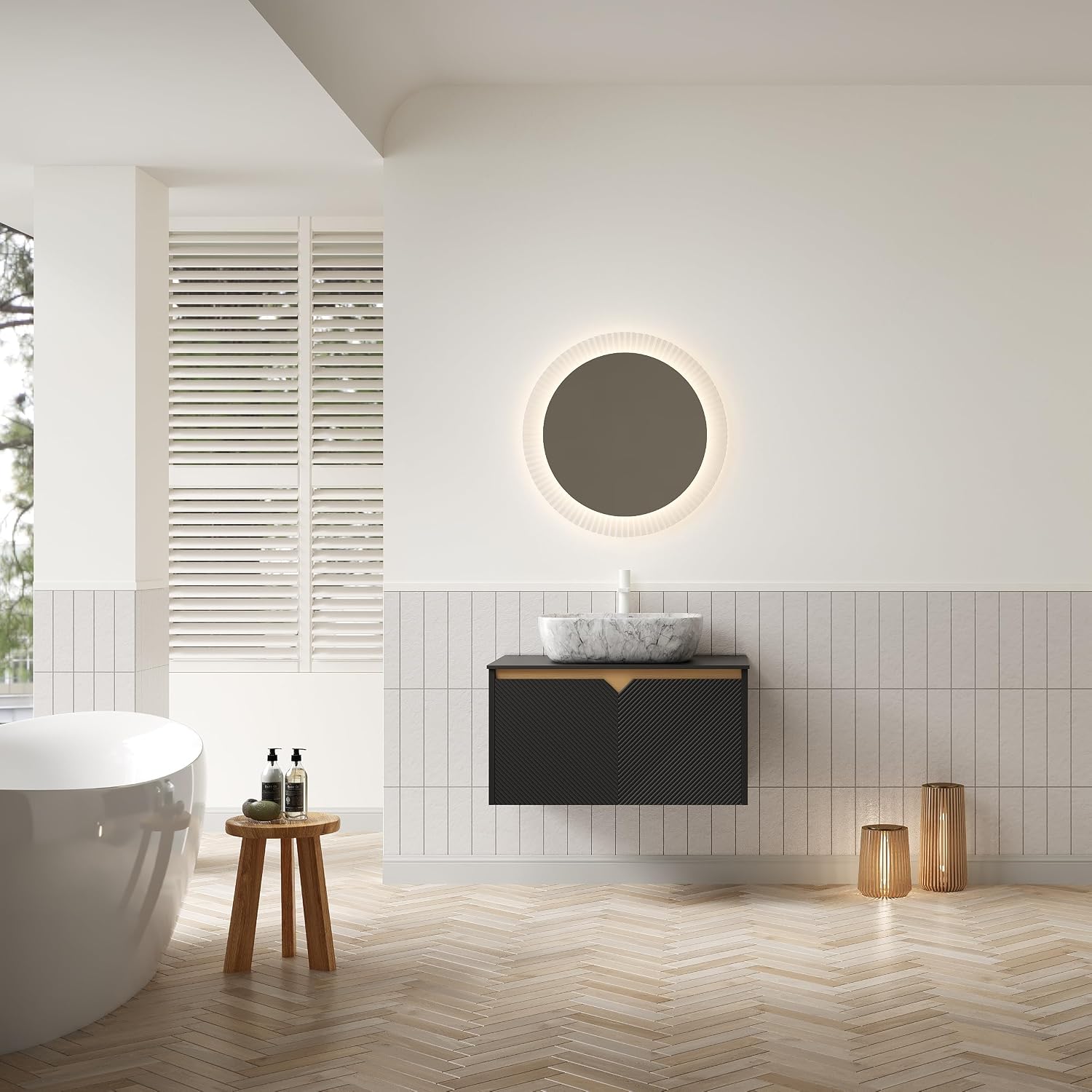 30 Inch Bathroom Vanity with Sink, Floating Fluted Vanity with Vessel Sink, Modern Bathroom Vanity Cabinet with 2 Doors, Marble Pattern Ceramic Sink & Sintered Stone Top, Black