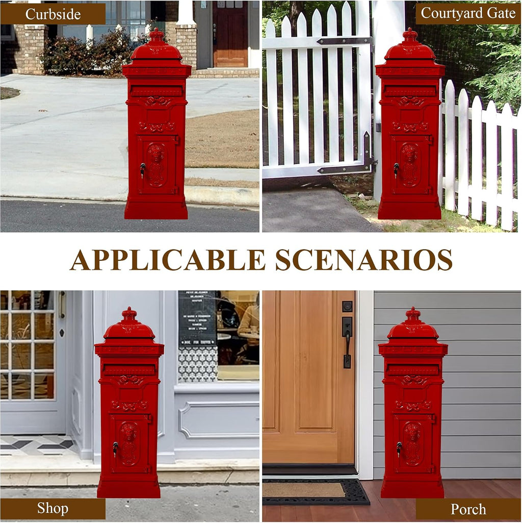 Vintage Large-Capacity Cast Aluminum Mailbox, Outdoor Weatherproof Floor Standing Postbox, Decorative Copper Finish Letter Box with Lock, Roman Column Design for Home Use (Red)