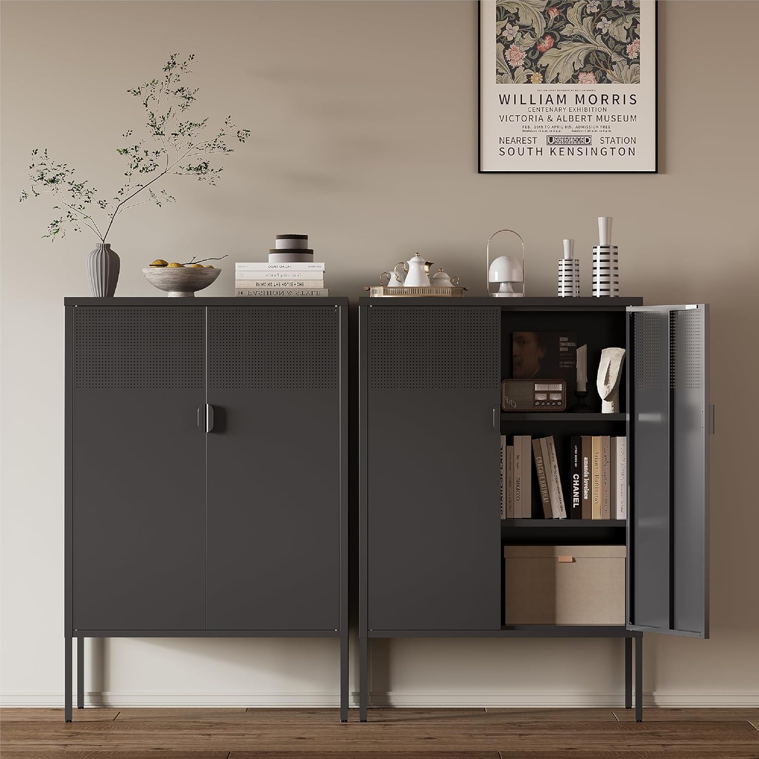 Black Metal Storage Cabinet,2 Door TV Stand, Metal Mesh Accent Cabinet,Magnetic Door Closure,Low Storage Cabinets with Doors and Shelf for Home,Office,Living Room