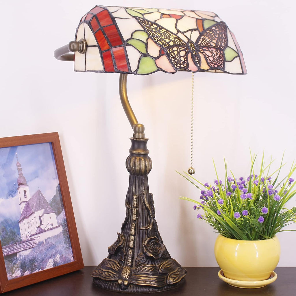 Tiffany Banker Lamp Small Stained Glass Table Lamp Tiffany Style Piano Light Desk Lamp Angle Adjustable 10.6X15.7 Inch for Home Office Living Room Bedroom (Butterfly in Flower Style)