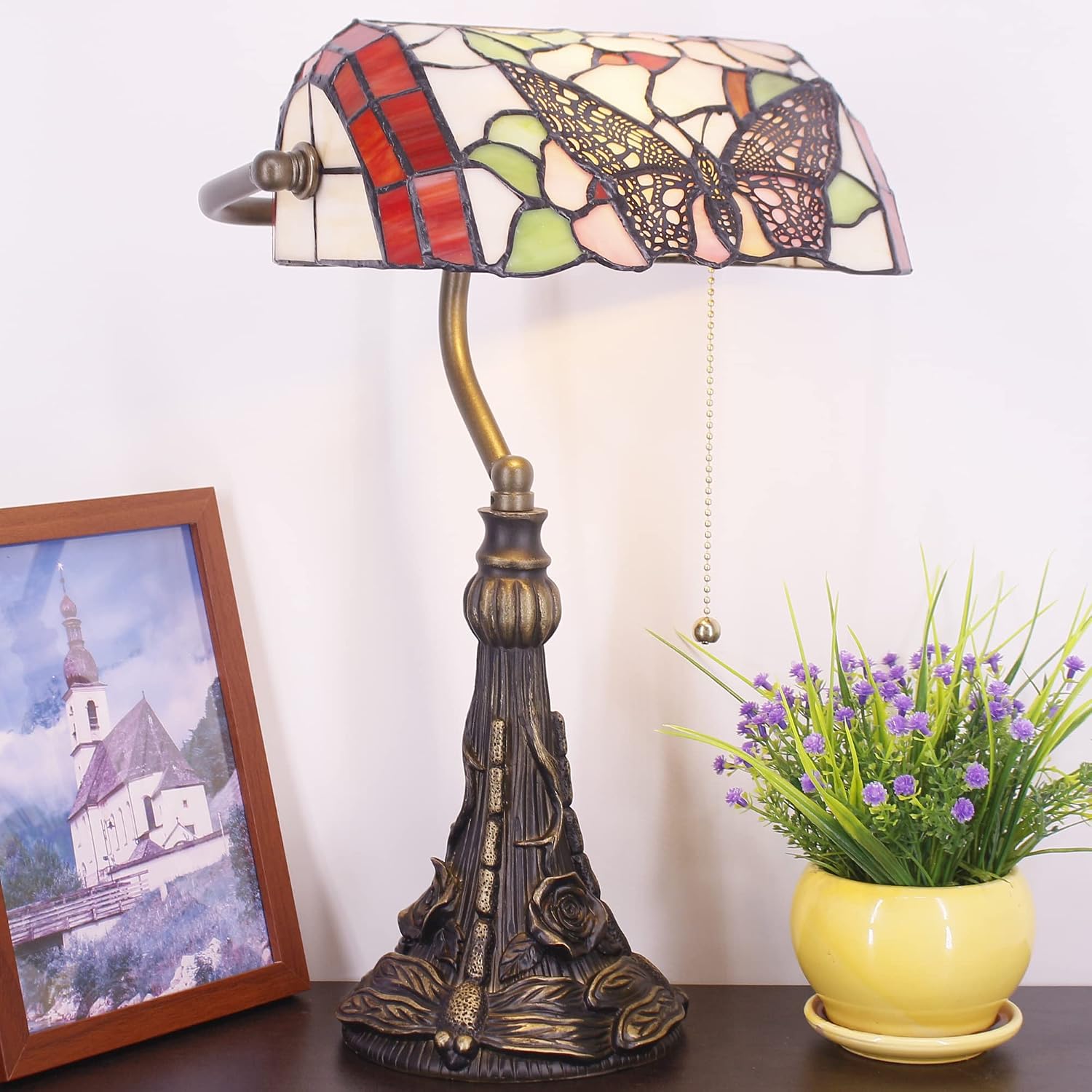 Tiffany Banker Lamp Small Stained Glass Table Lamp Tiffany Style Piano Light Desk Lamp Angle Adjustable 10.6X15.7 Inch for Home Office Living Room Bedroom (Butterfly in Flower Style)